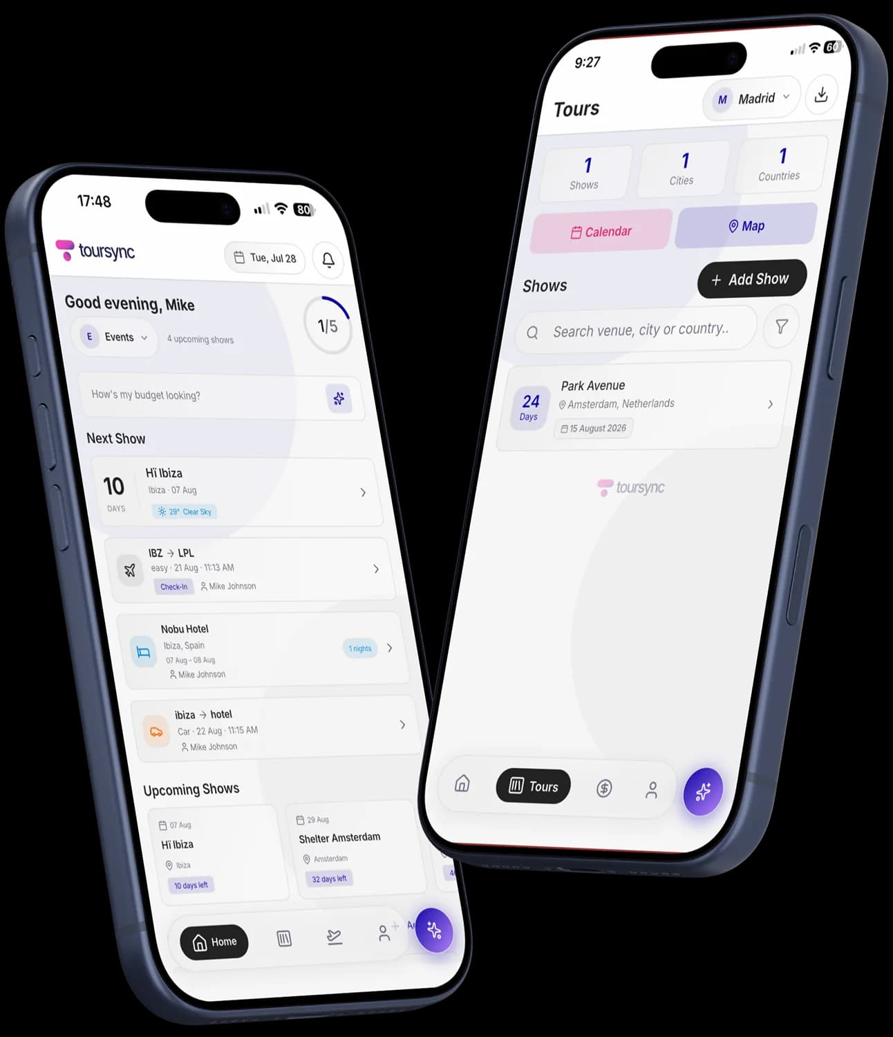TourSync app screens